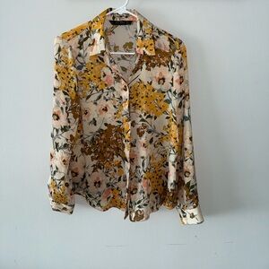 Zara Floral Button-Up Blouse in Mustard, Cream, Pink